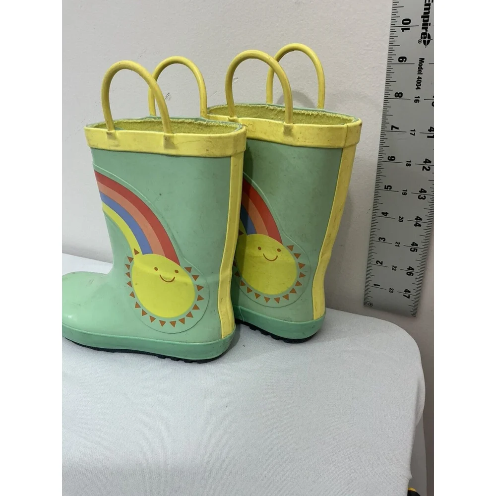 Youth Girls Cat & Jack Size 11 Green Rainbow Pullon Rubber Rainboots